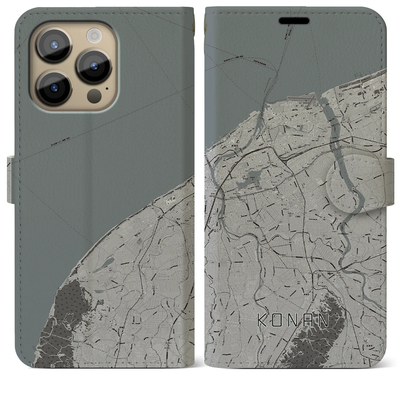 【江南(新潟県)】地図柄iPhoneケース(手帳タイプ)モノトーン・iPhone 14 Pro Max 用