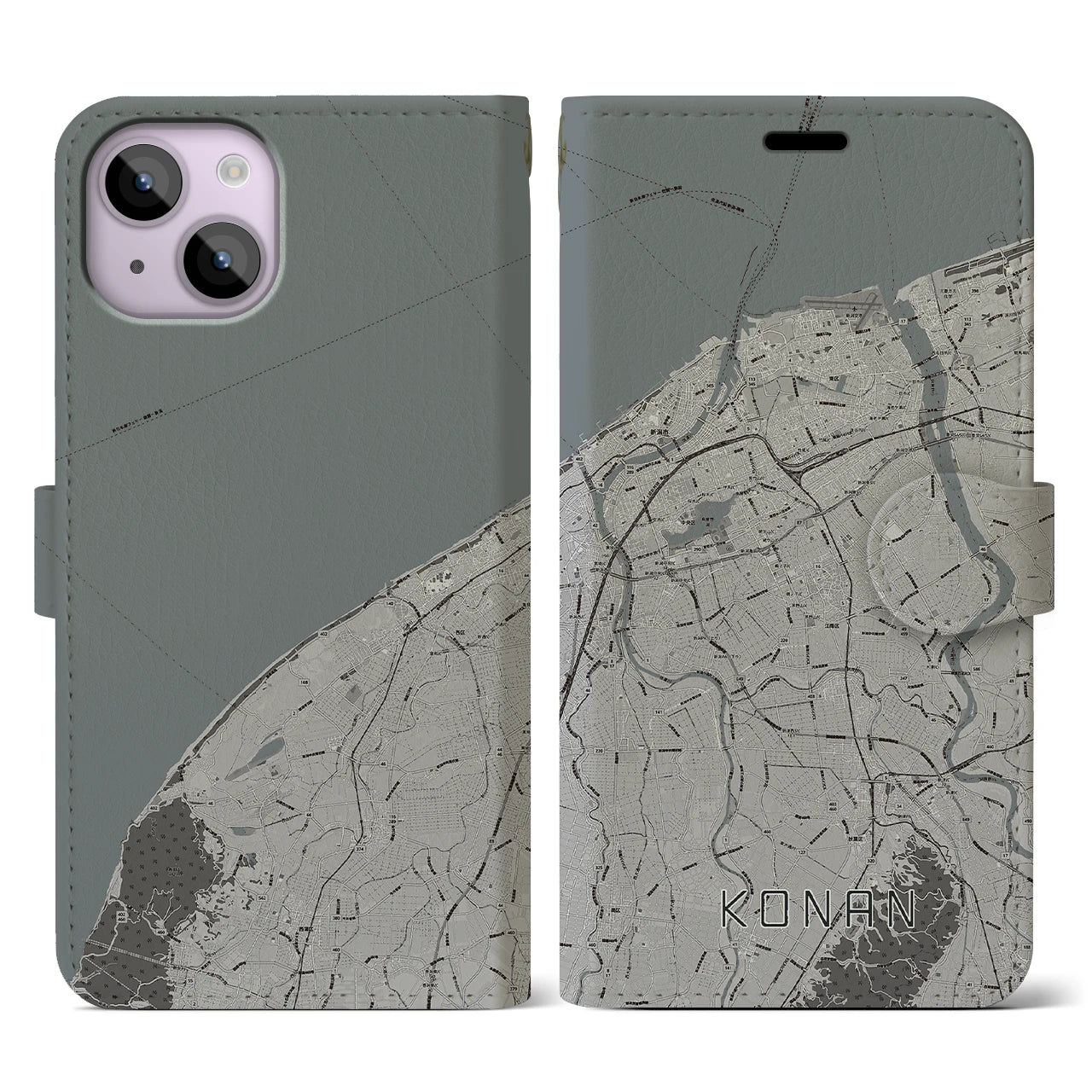 【江南(新潟県)】地図柄iPhoneケース(手帳タイプ)モノトーン・iPhone 14 用