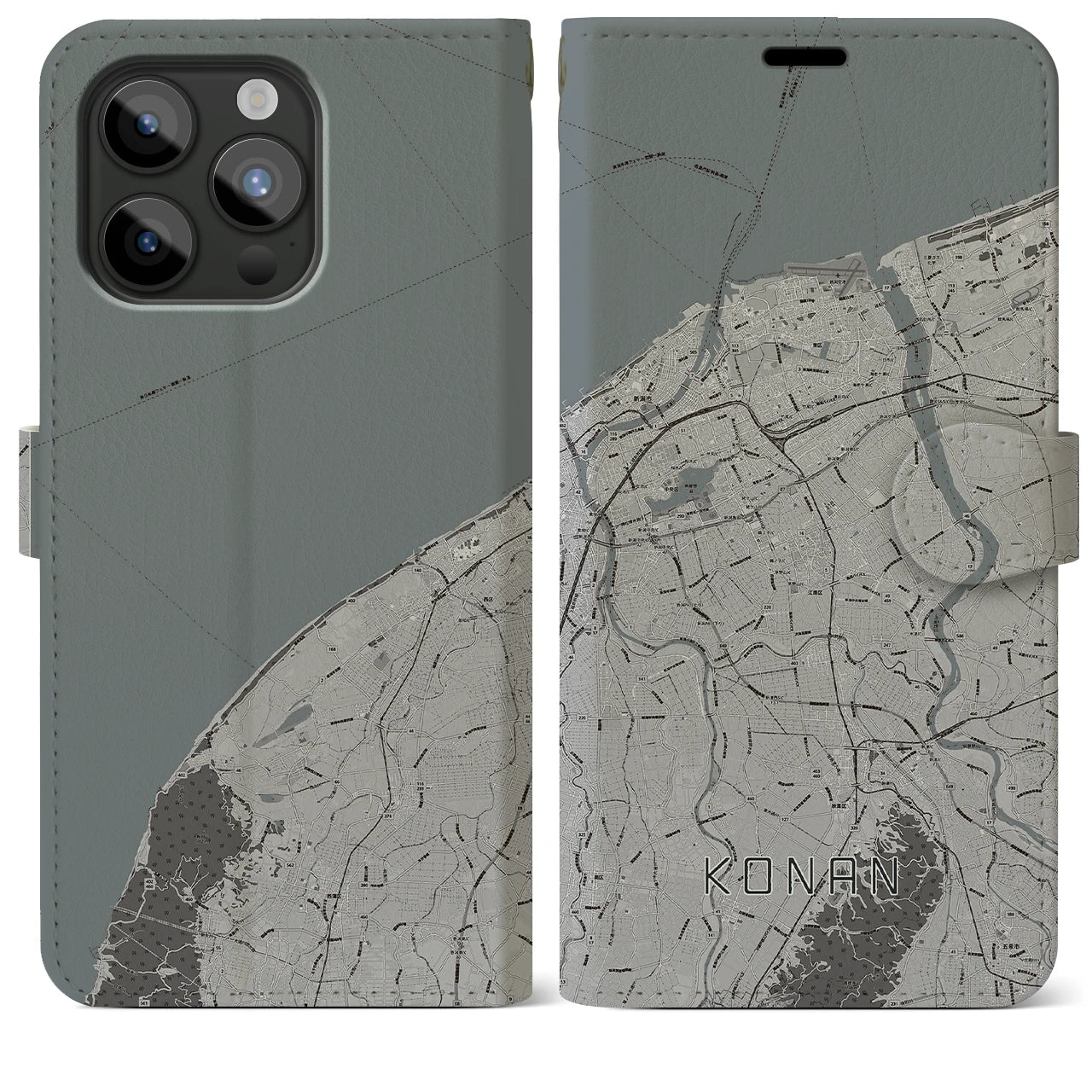 【江南(新潟県)】地図柄iPhoneケース(手帳タイプ)モノトーン・iPhone 15 Pro Max 用