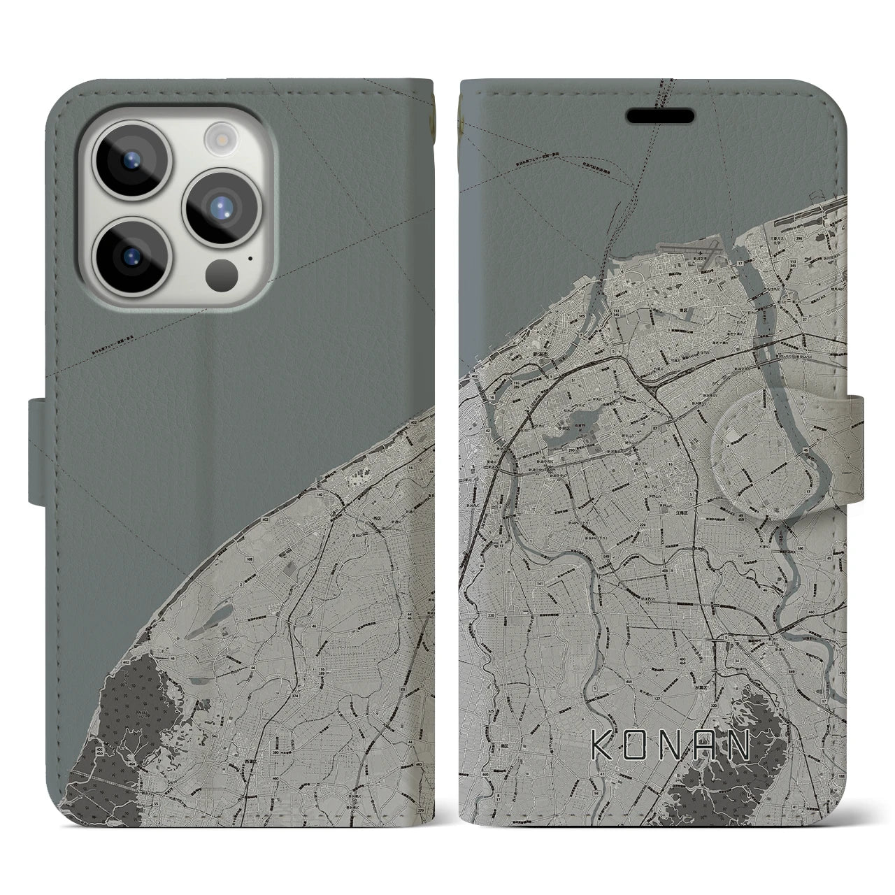 【江南(新潟県)】地図柄iPhoneケース(手帳タイプ)モノトーン・iPhone 15 Pro 用