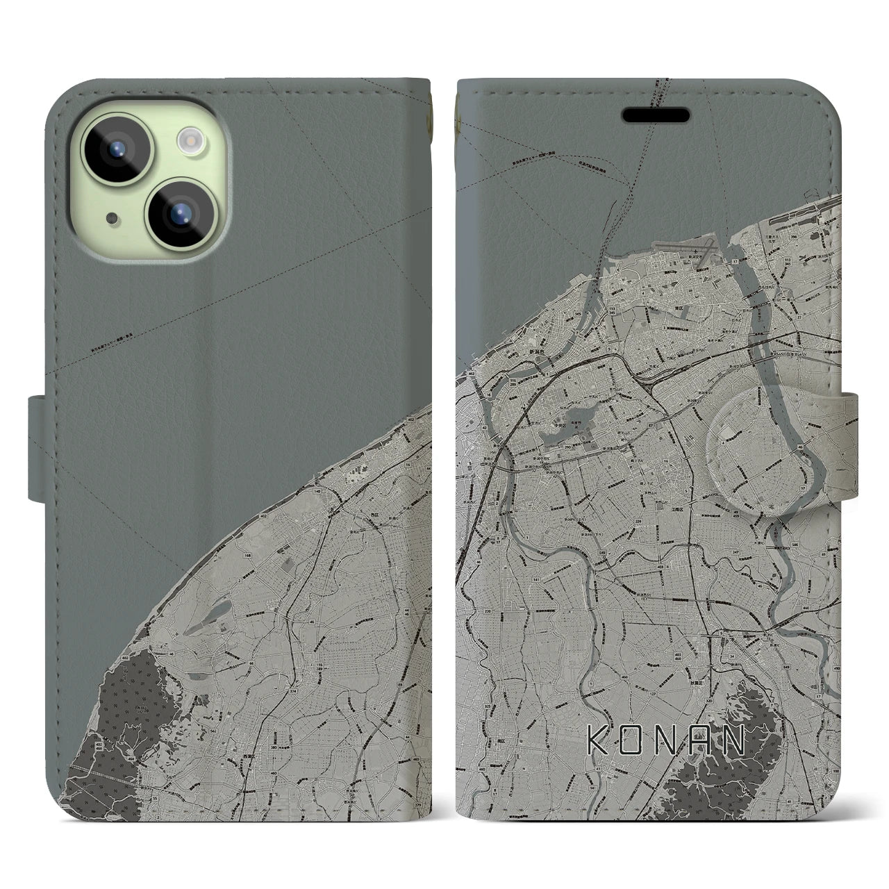 【江南(新潟県)】地図柄iPhoneケース(手帳タイプ)モノトーン・iPhone 15 用