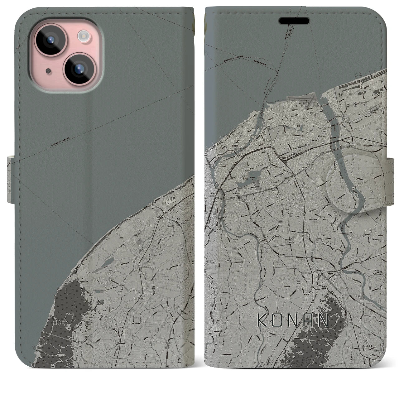 【江南(新潟県)】地図柄iPhoneケース(手帳タイプ)モノトーン・iPhone 15 Plus 用