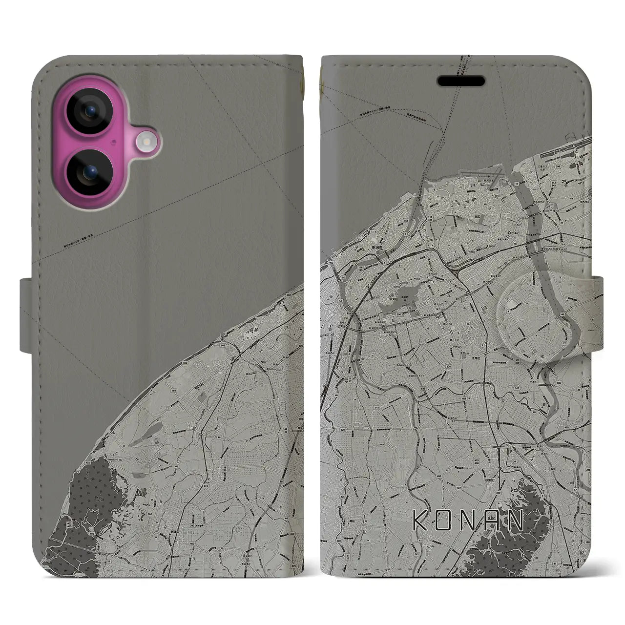 【江南(新潟県)】地図柄iPhoneケース(手帳タイプ)モノトーン・iPhone 16 Pro 用