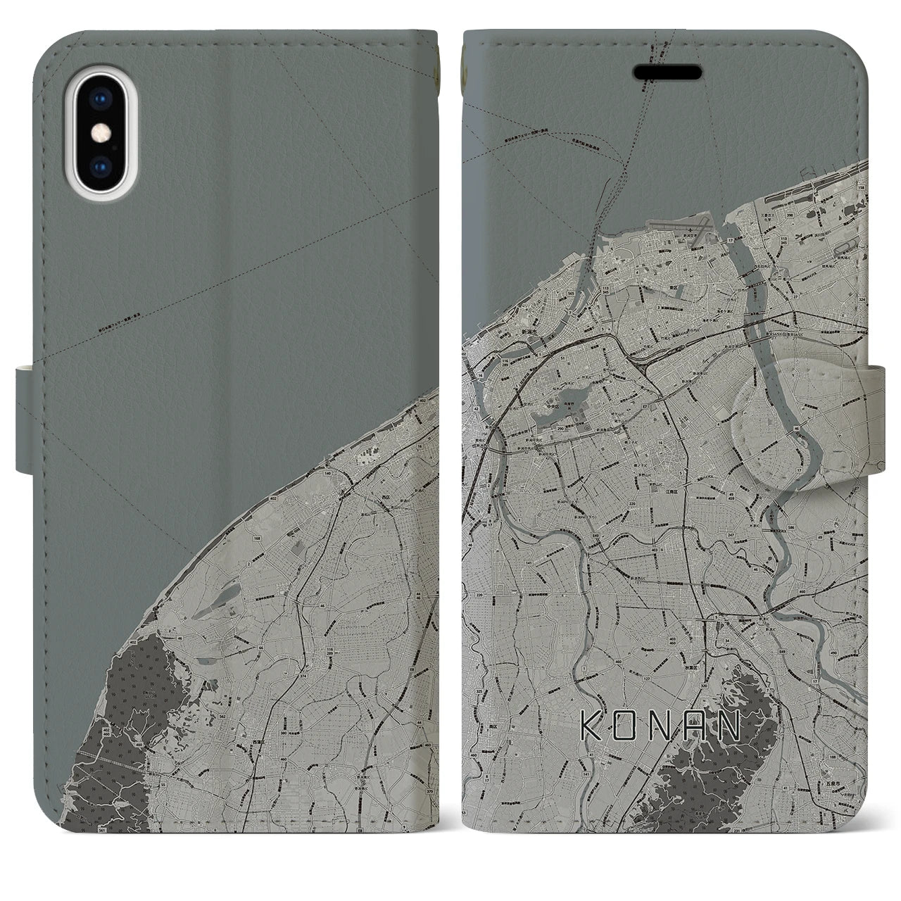 【江南(新潟県)】地図柄iPhoneケース(手帳タイプ)モノトーン・iPhone XS Max 用