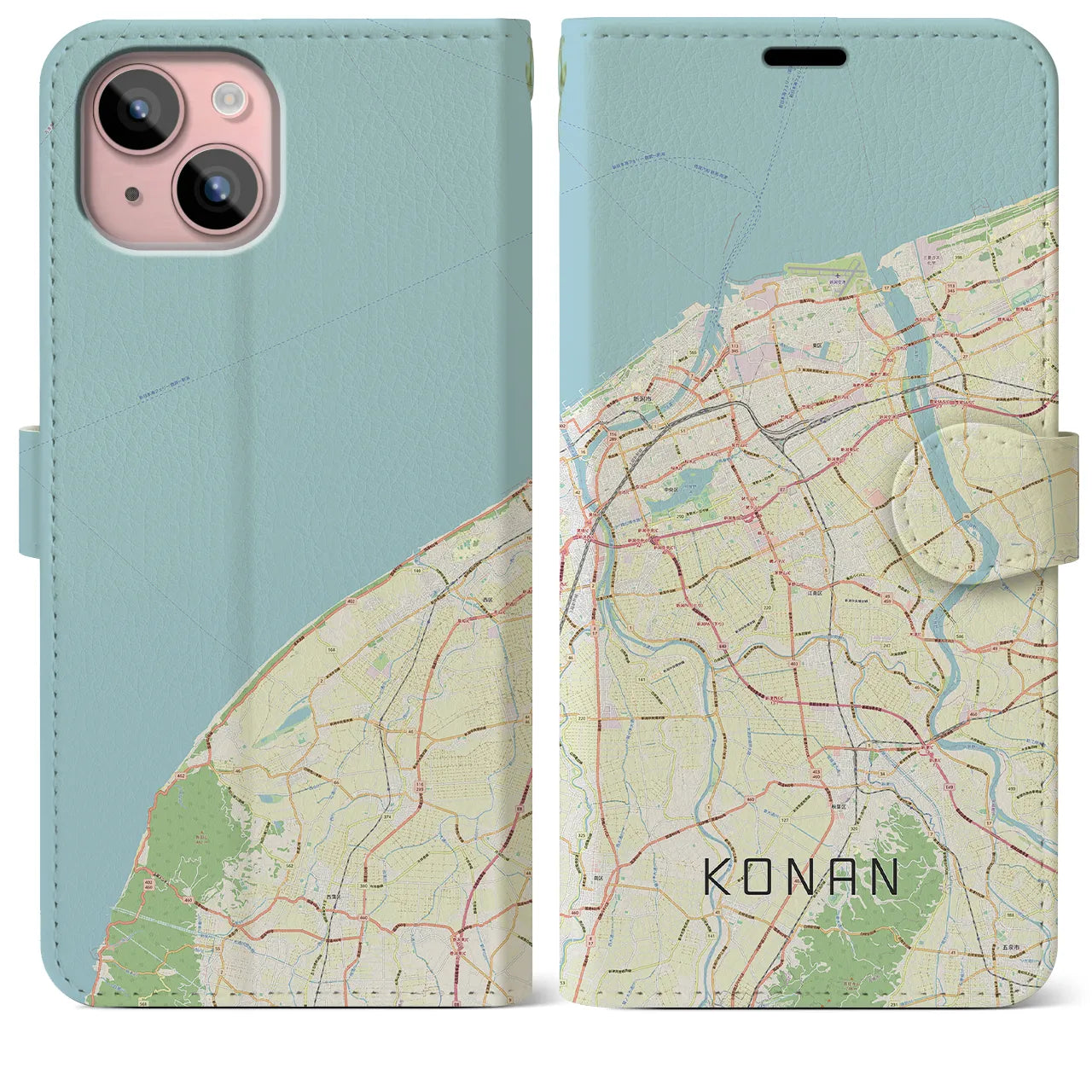 【江南(新潟県)】地図柄iPhoneケース(手帳タイプ)ナチュラル・iPhone 15 Plus 用