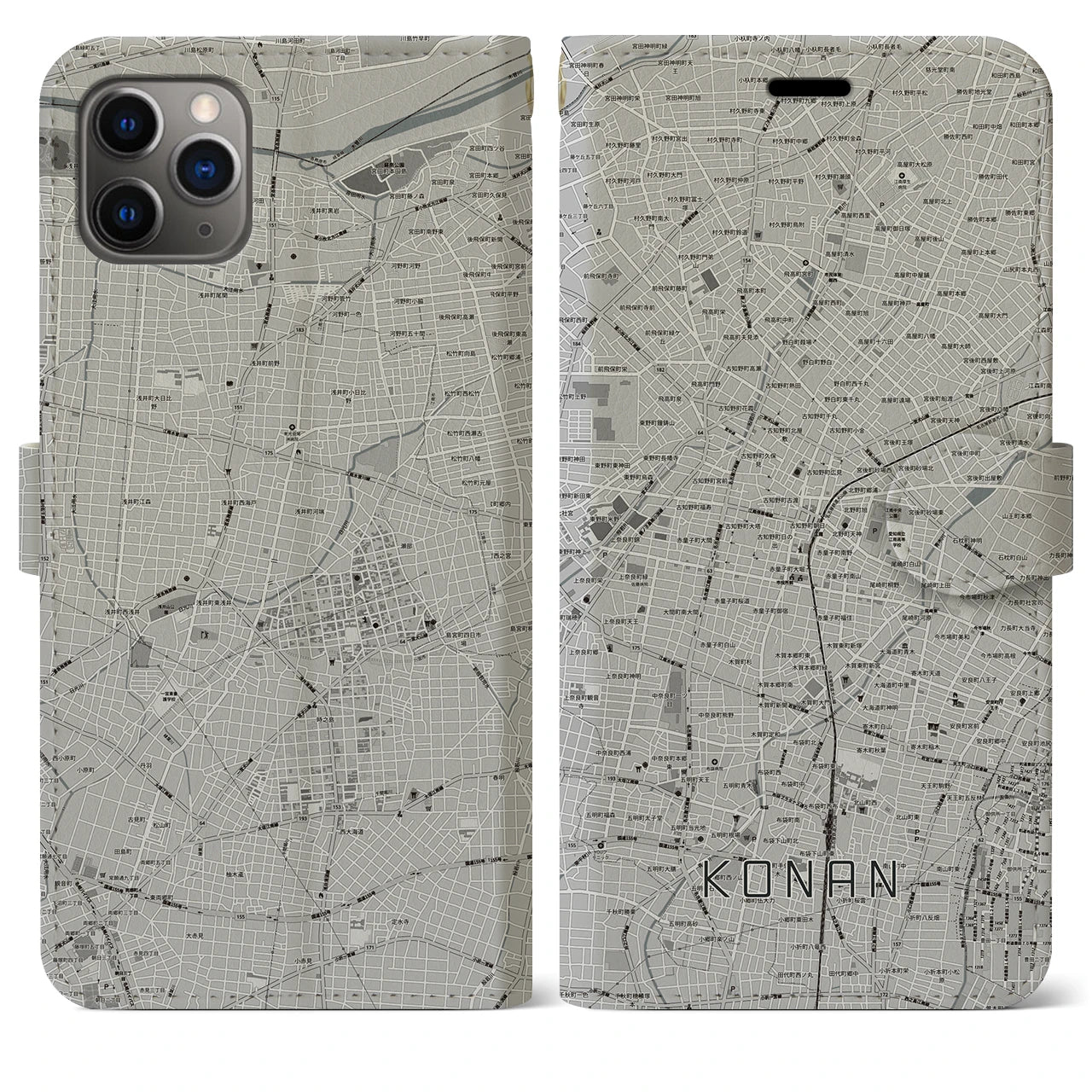 【江南(愛知県)】地図柄iPhoneケース(手帳タイプ)モノトーン・iPhone 11 Pro Max 用