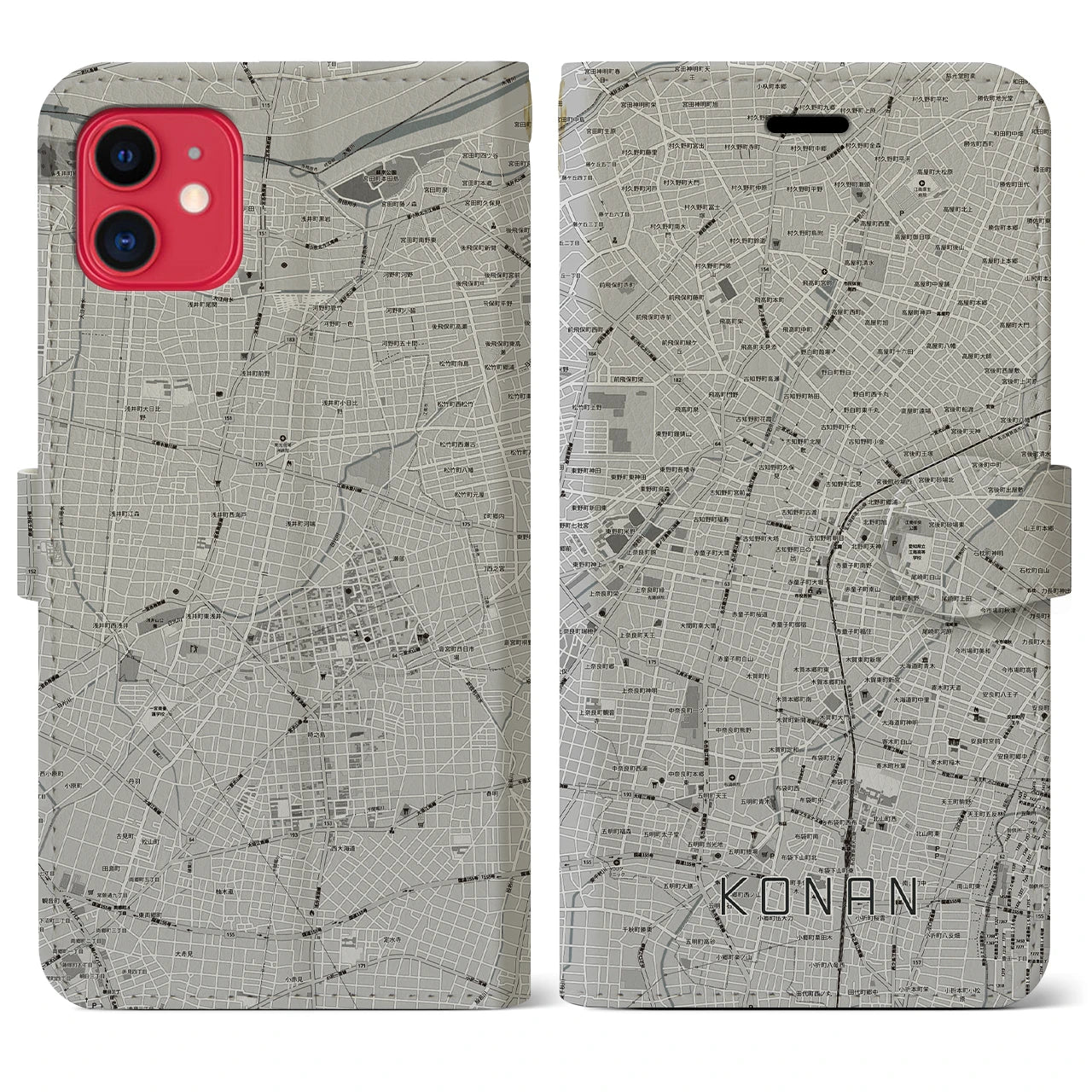 【江南(愛知県)】地図柄iPhoneケース(手帳タイプ)モノトーン・iPhone 11 用