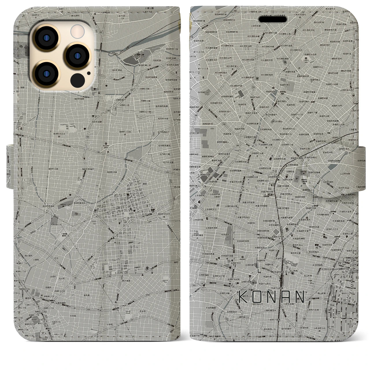 【江南(愛知県)】地図柄iPhoneケース(手帳タイプ)モノトーン・iPhone 12 Pro Max 用