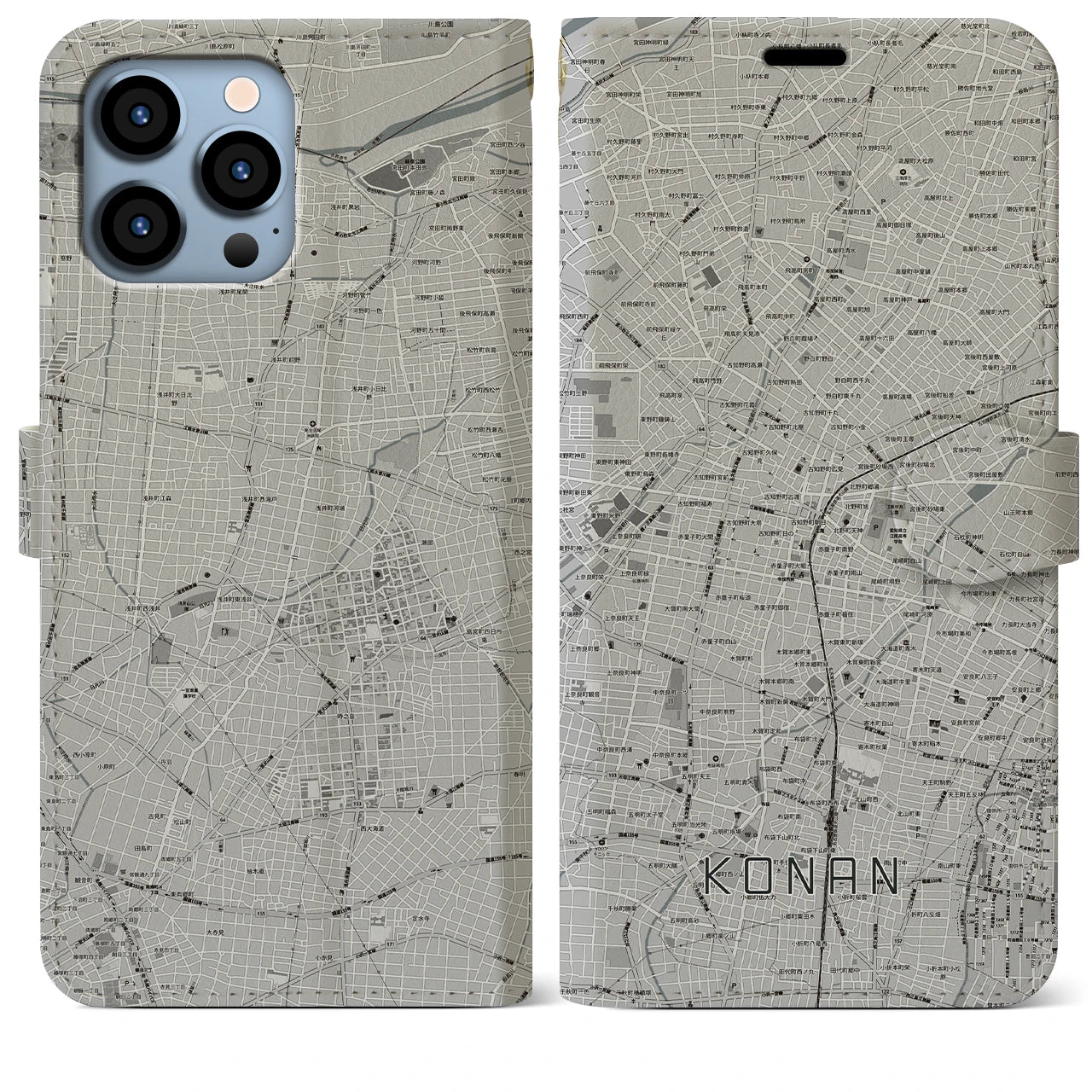 【江南(愛知県)】地図柄iPhoneケース(手帳タイプ)モノトーン・iPhone 13 Pro Max 用
