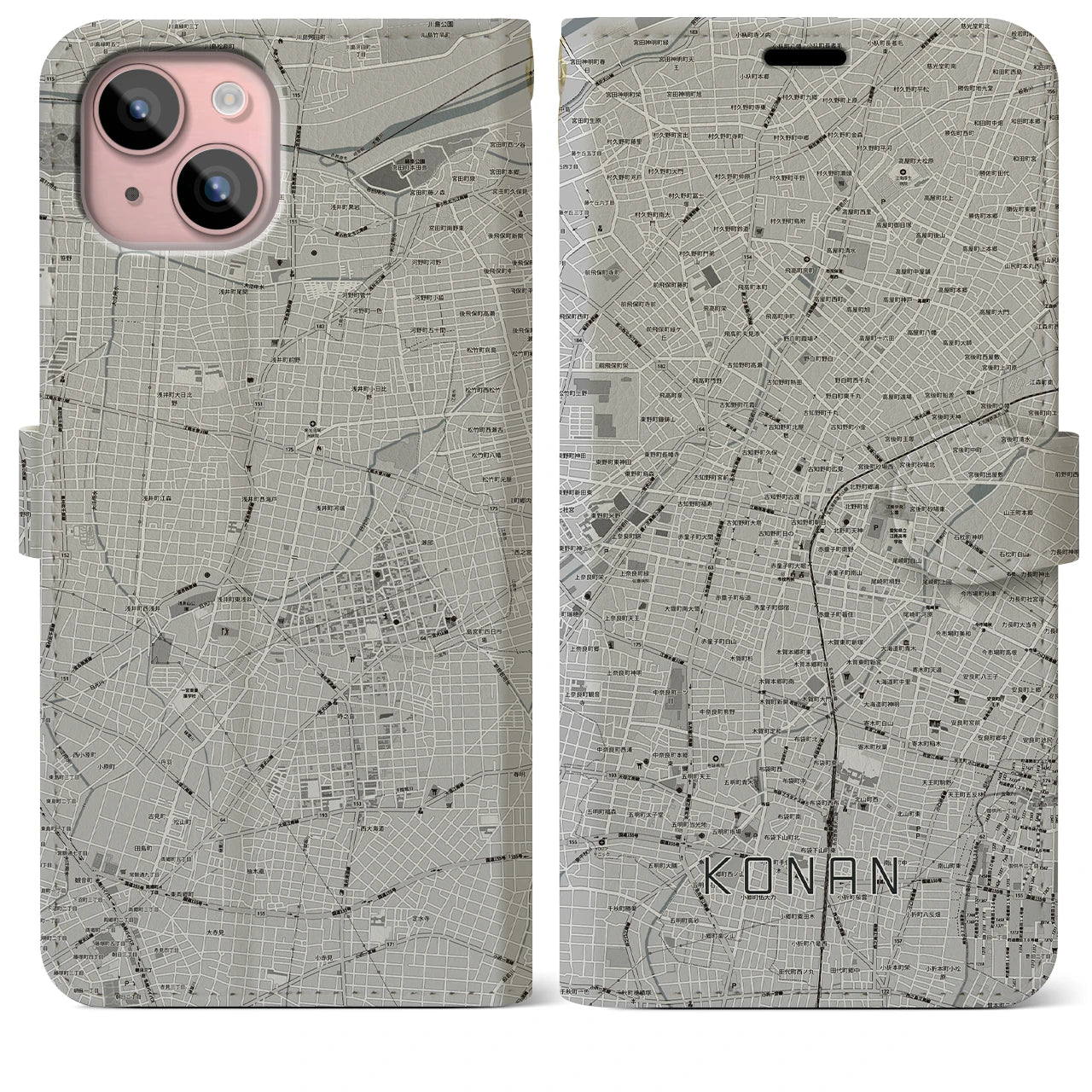 【江南(愛知県)】地図柄iPhoneケース(手帳タイプ)モノトーン・iPhone 15 Plus 用