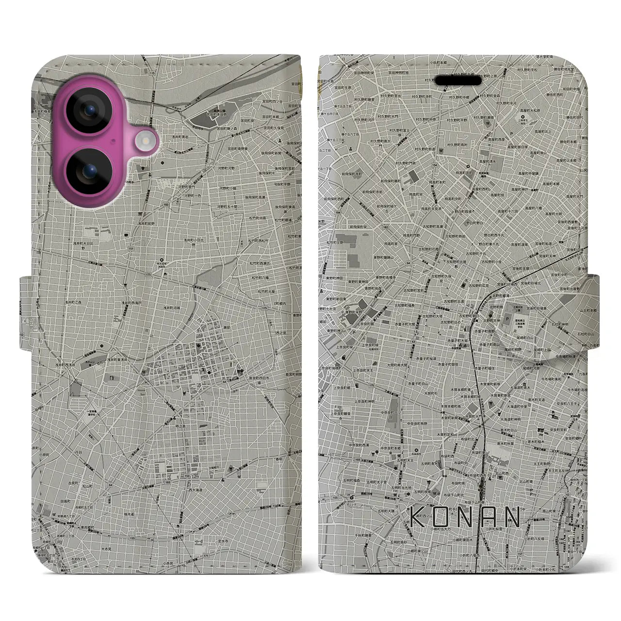 【江南(愛知県)】地図柄iPhoneケース(手帳タイプ)モノトーン・iPhone 16 Pro 用