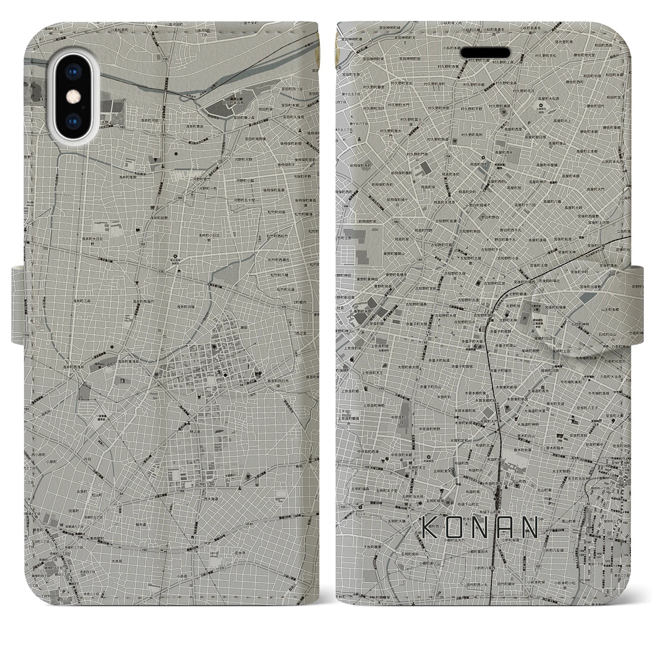 【江南(愛知県)】地図柄iPhoneケース(手帳タイプ)モノトーン・iPhone XS Max 用