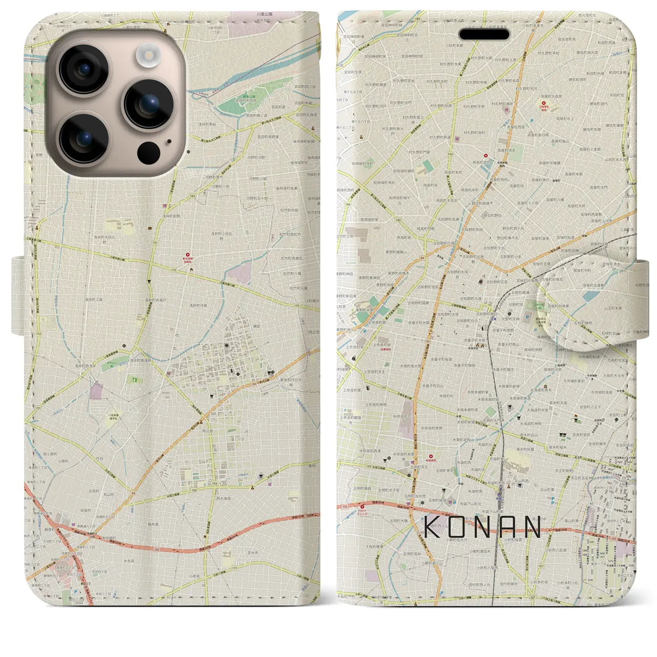 【江南(愛知県)】地図柄iPhoneケース(手帳タイプ)ナチュラル・iPhone 16 Plus 用