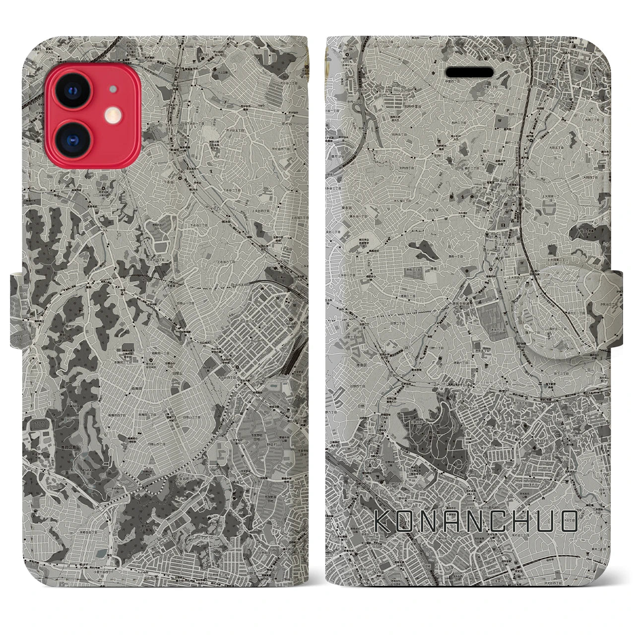 【港南中央(神奈川県)】地図柄iPhoneケース(手帳タイプ)モノトーン・iPhone 11 用