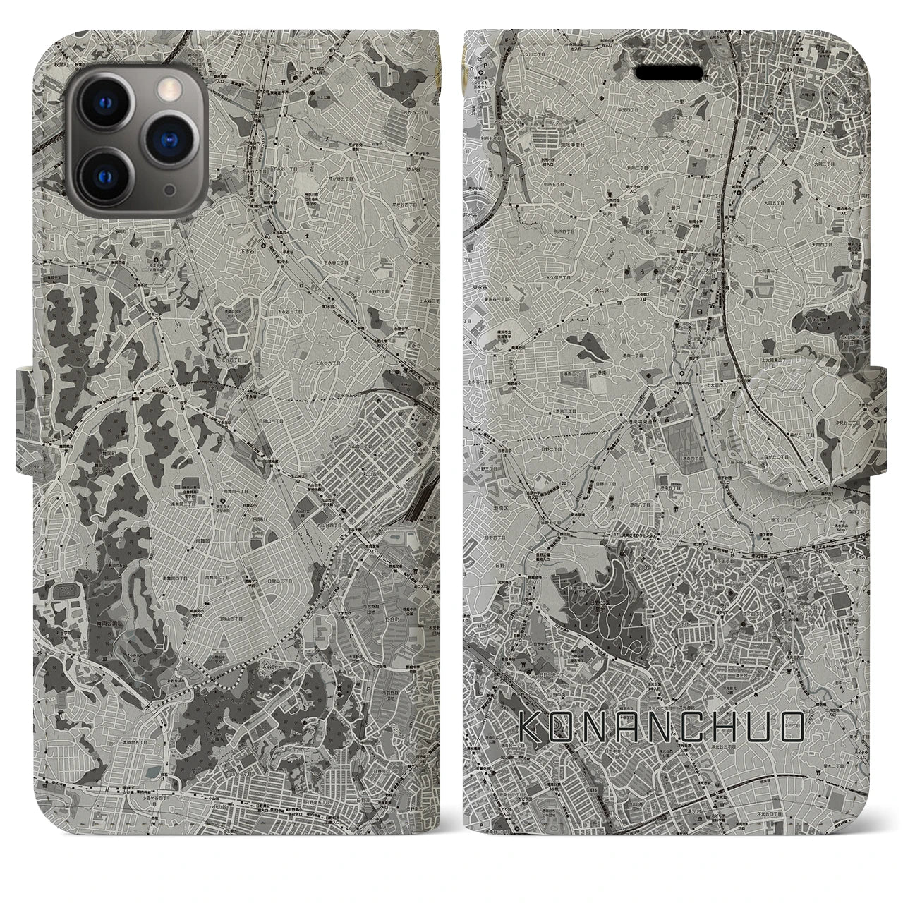 【港南中央(神奈川県)】地図柄iPhoneケース(手帳タイプ)モノトーン・iPhone 11 Pro Max 用