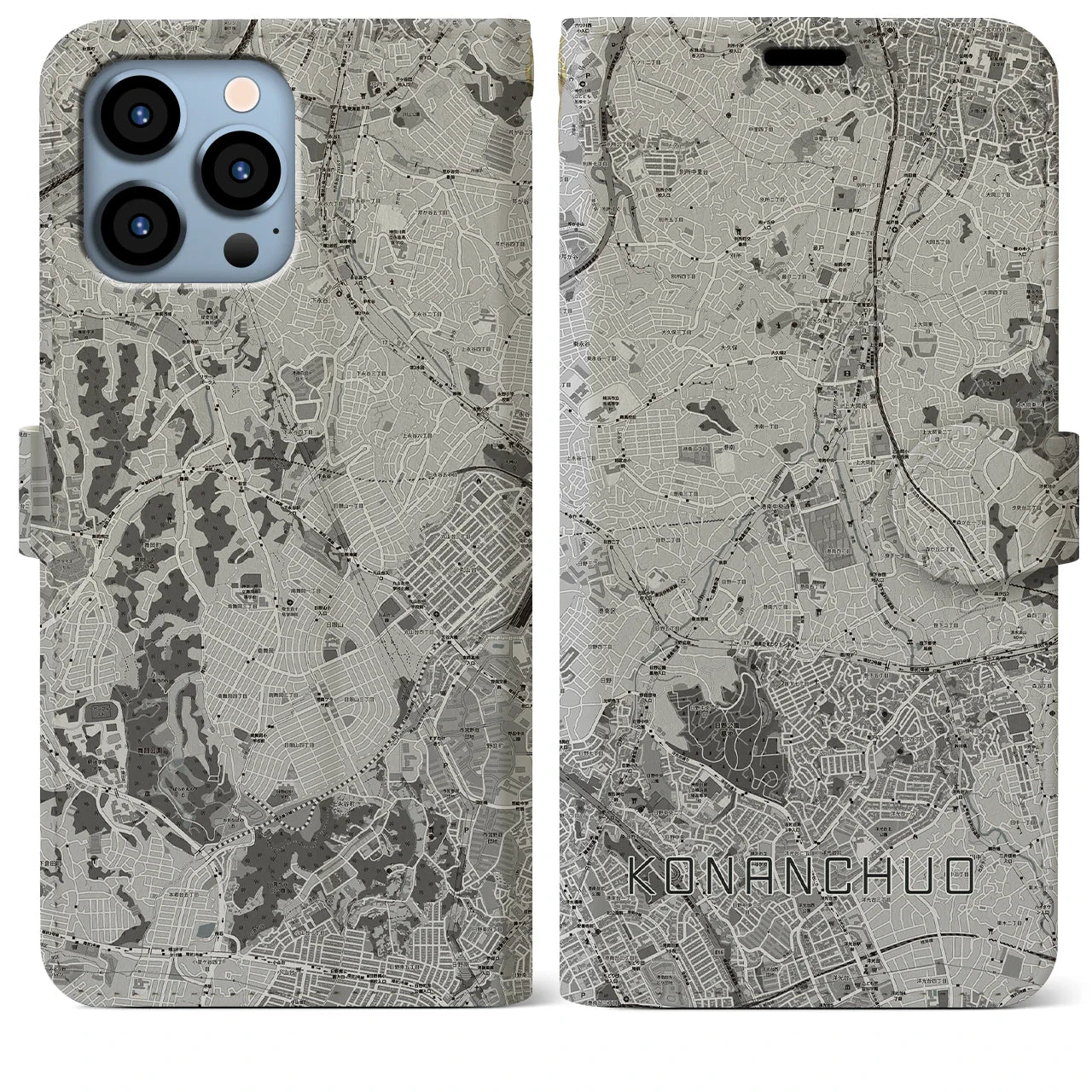 【港南中央(神奈川県)】地図柄iPhoneケース(手帳タイプ)モノトーン・iPhone 13 Pro Max 用