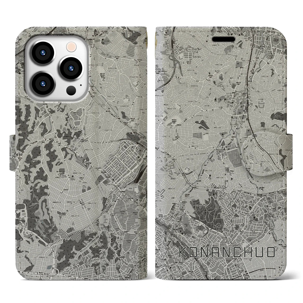 【港南中央(神奈川県)】地図柄iPhoneケース(手帳タイプ)モノトーン・iPhone 13 Pro 用