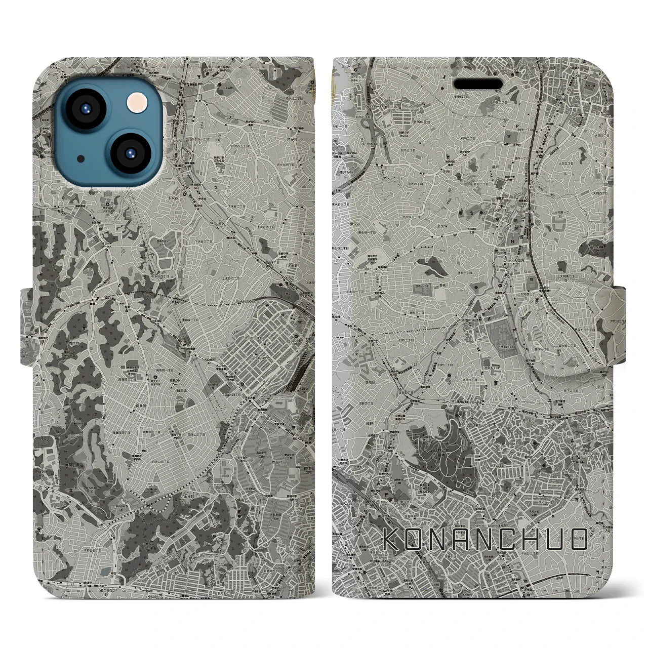 【港南中央(神奈川県)】地図柄iPhoneケース(手帳タイプ)モノトーン・iPhone 13 用