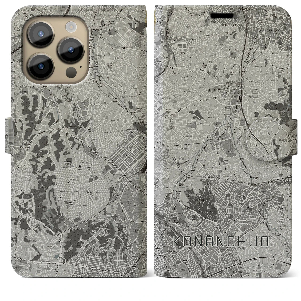 【港南中央(神奈川県)】地図柄iPhoneケース(手帳タイプ)モノトーン・iPhone 14 Pro Max 用