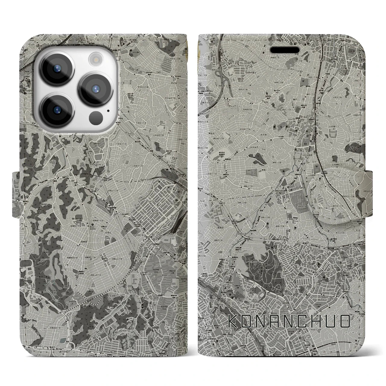【港南中央(神奈川県)】地図柄iPhoneケース(手帳タイプ)モノトーン・iPhone 14 Pro 用