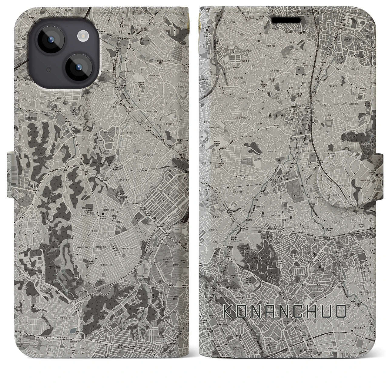 【港南中央(神奈川県)】地図柄iPhoneケース(手帳タイプ)モノトーン・iPhone 14 Plus 用