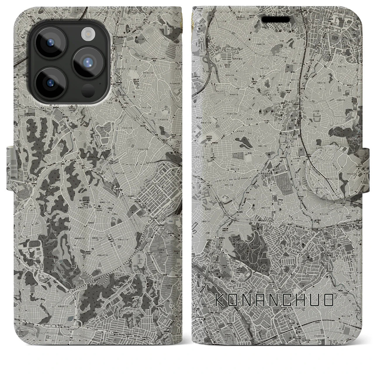 【港南中央(神奈川県)】地図柄iPhoneケース(手帳タイプ)モノトーン・iPhone 15 Pro Max 用