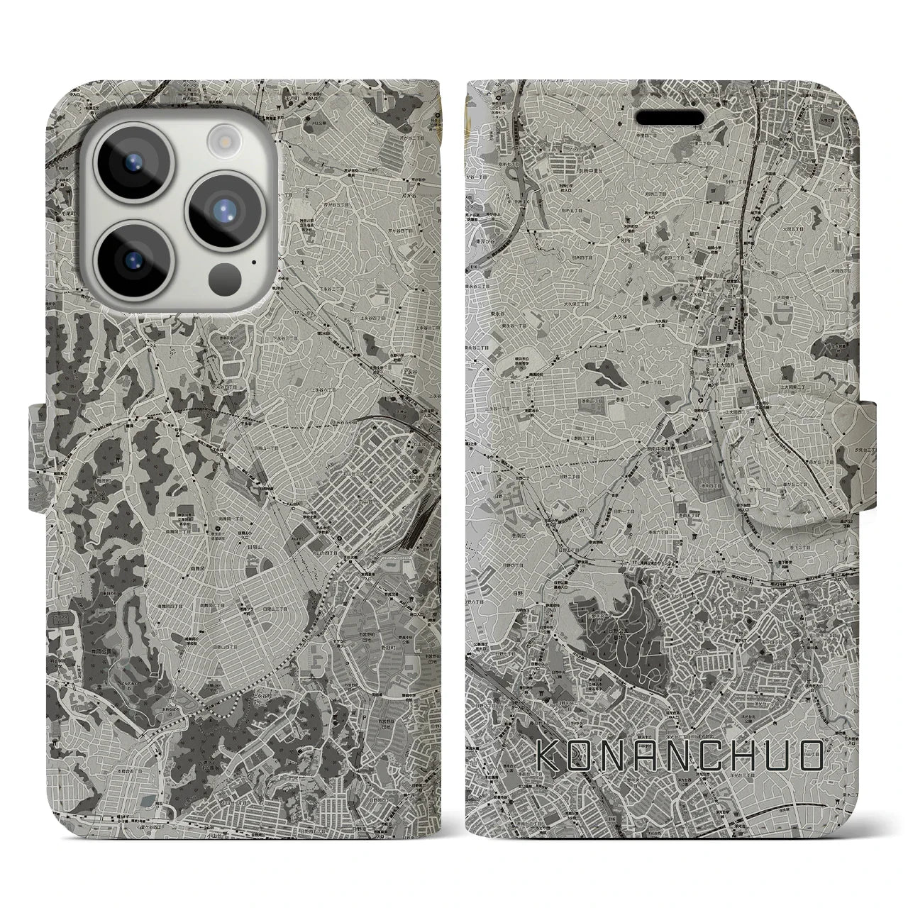 【港南中央(神奈川県)】地図柄iPhoneケース(手帳タイプ)モノトーン・iPhone 15 Pro 用