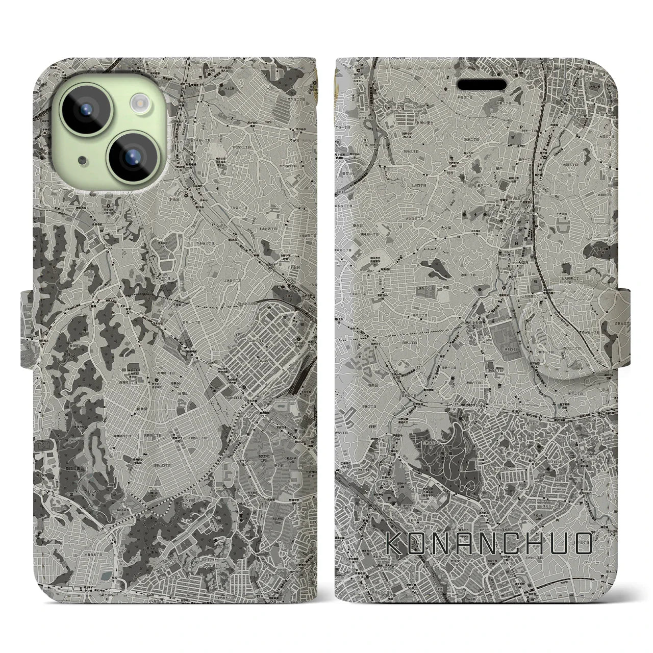 【港南中央(神奈川県)】地図柄iPhoneケース(手帳タイプ)モノトーン・iPhone 15 用