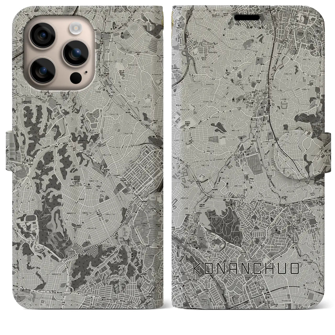 【港南中央(神奈川県)】地図柄iPhoneケース(手帳タイプ)モノトーン・iPhone 16 Plus 用