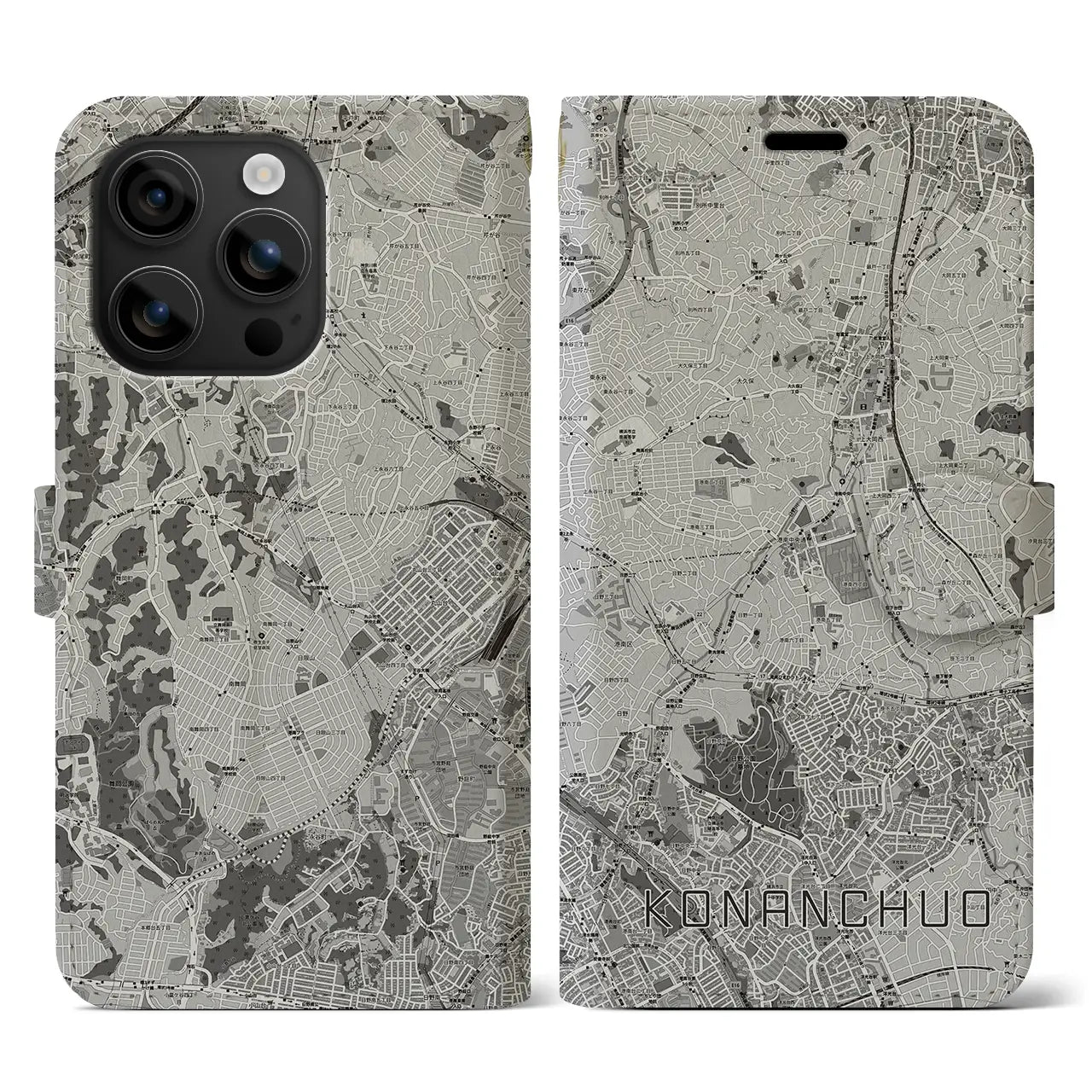 【港南中央(神奈川県)】地図柄iPhoneケース(手帳タイプ)モノトーン・iPhone 16 用