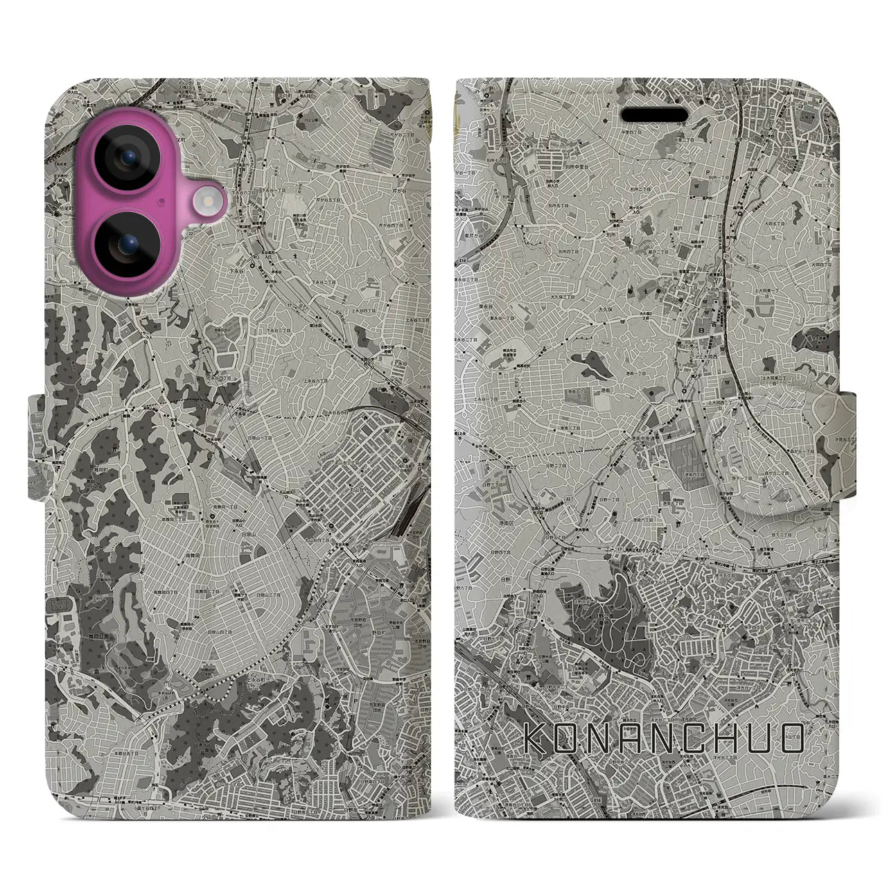 【港南中央(神奈川県)】地図柄iPhoneケース(手帳タイプ)モノトーン・iPhone 16 Pro 用