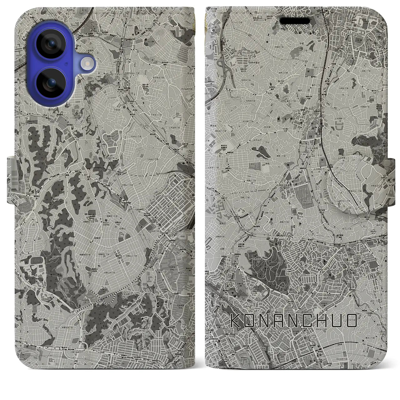 【港南中央(神奈川県)】地図柄iPhoneケース(手帳タイプ)モノトーン・iPhone 16 Pro Max 用