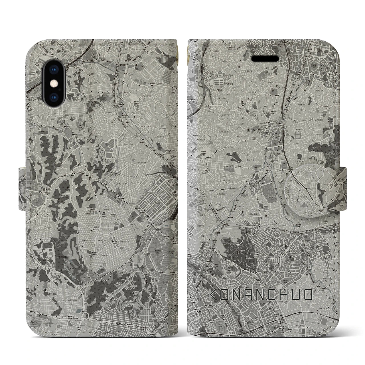 【港南中央(神奈川県)】地図柄iPhoneケース(手帳タイプ)モノトーン・iPhone XS / X 用