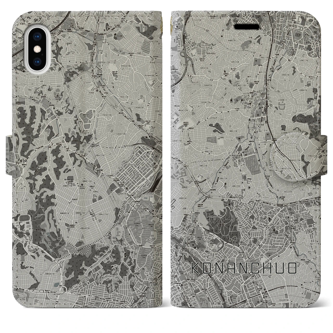 【港南中央(神奈川県)】地図柄iPhoneケース(手帳タイプ)モノトーン・iPhone XS Max 用