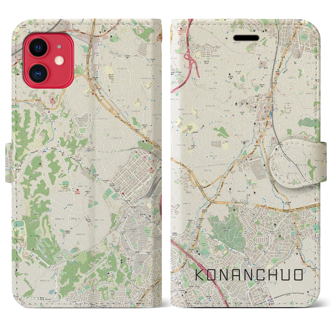 【港南中央(神奈川県)】地図柄iPhoneケース(手帳タイプ)ナチュラル・iPhone 11 用