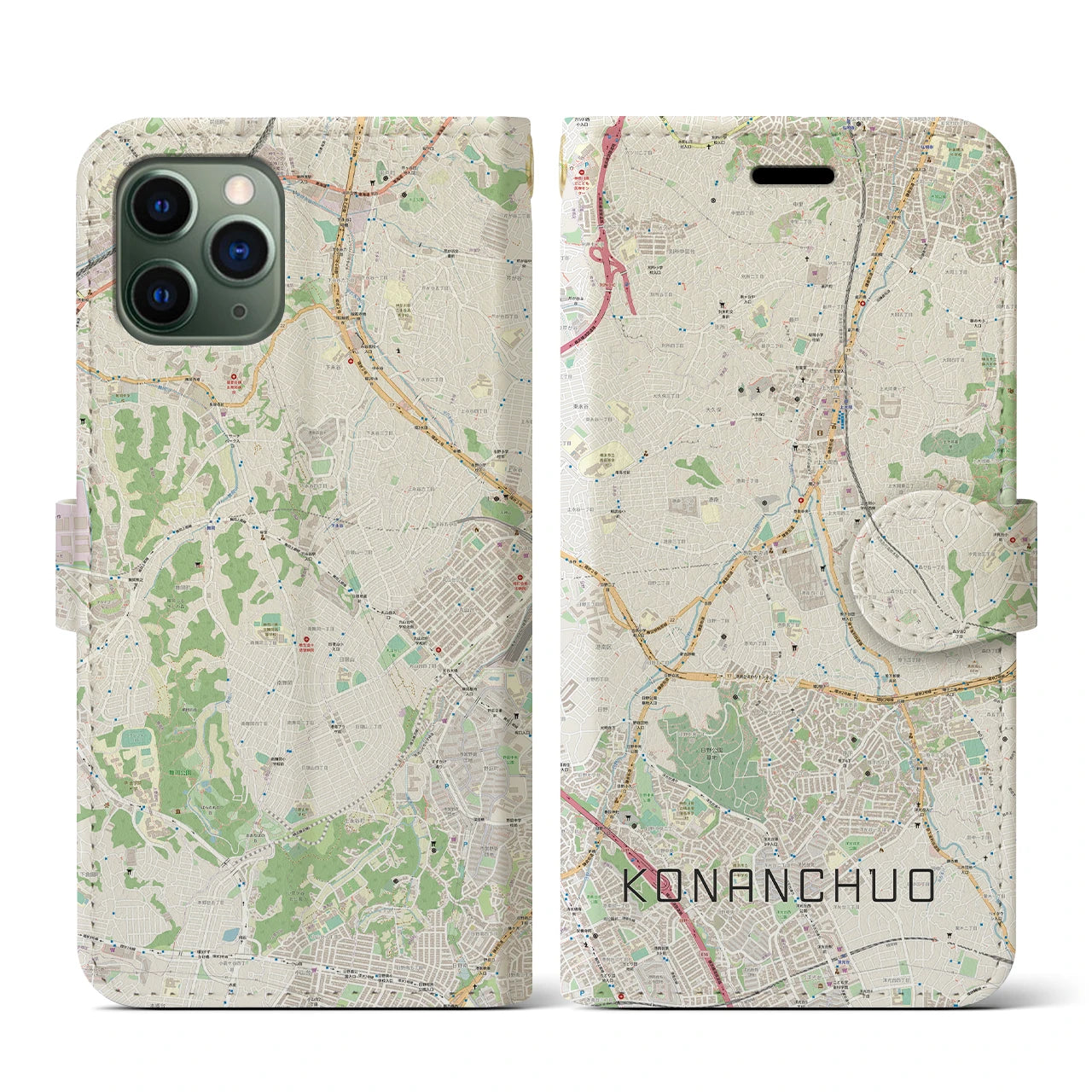 【港南中央(神奈川県)】地図柄iPhoneケース(手帳タイプ)ナチュラル・iPhone 11 Pro 用