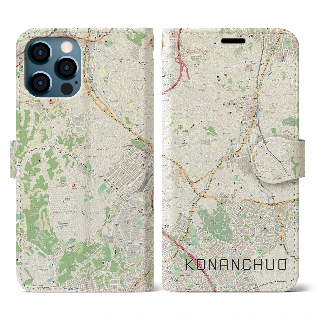 【港南中央(神奈川県)】地図柄iPhoneケース(手帳タイプ)ナチュラル・iPhone 12 / 12 Pro 用