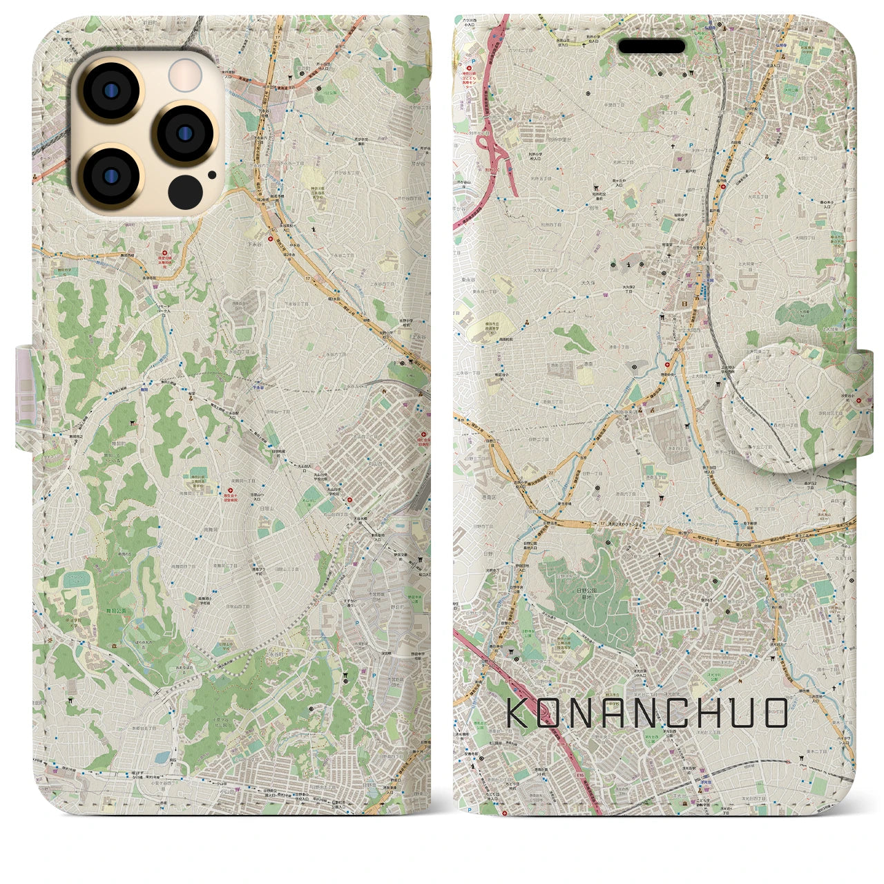 【港南中央(神奈川県)】地図柄iPhoneケース(手帳タイプ)ナチュラル・iPhone 12 Pro Max 用