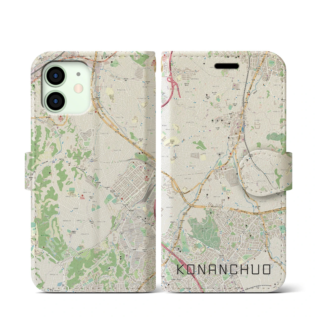 【港南中央(神奈川県)】地図柄iPhoneケース(手帳タイプ)ナチュラル・iPhone 12 mini 用