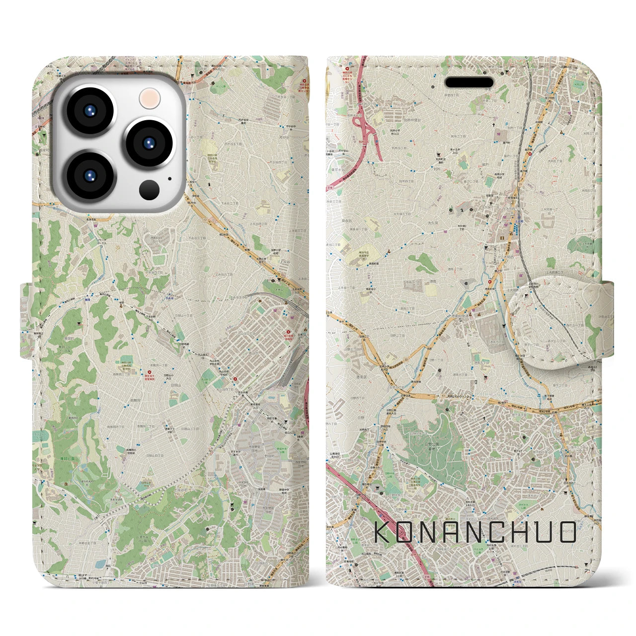 【港南中央(神奈川県)】地図柄iPhoneケース(手帳タイプ)ナチュラル・iPhone 13 Pro 用