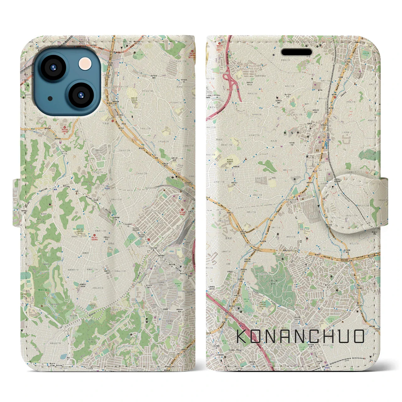 【港南中央(神奈川県)】地図柄iPhoneケース(手帳タイプ)ナチュラル・iPhone 13 用