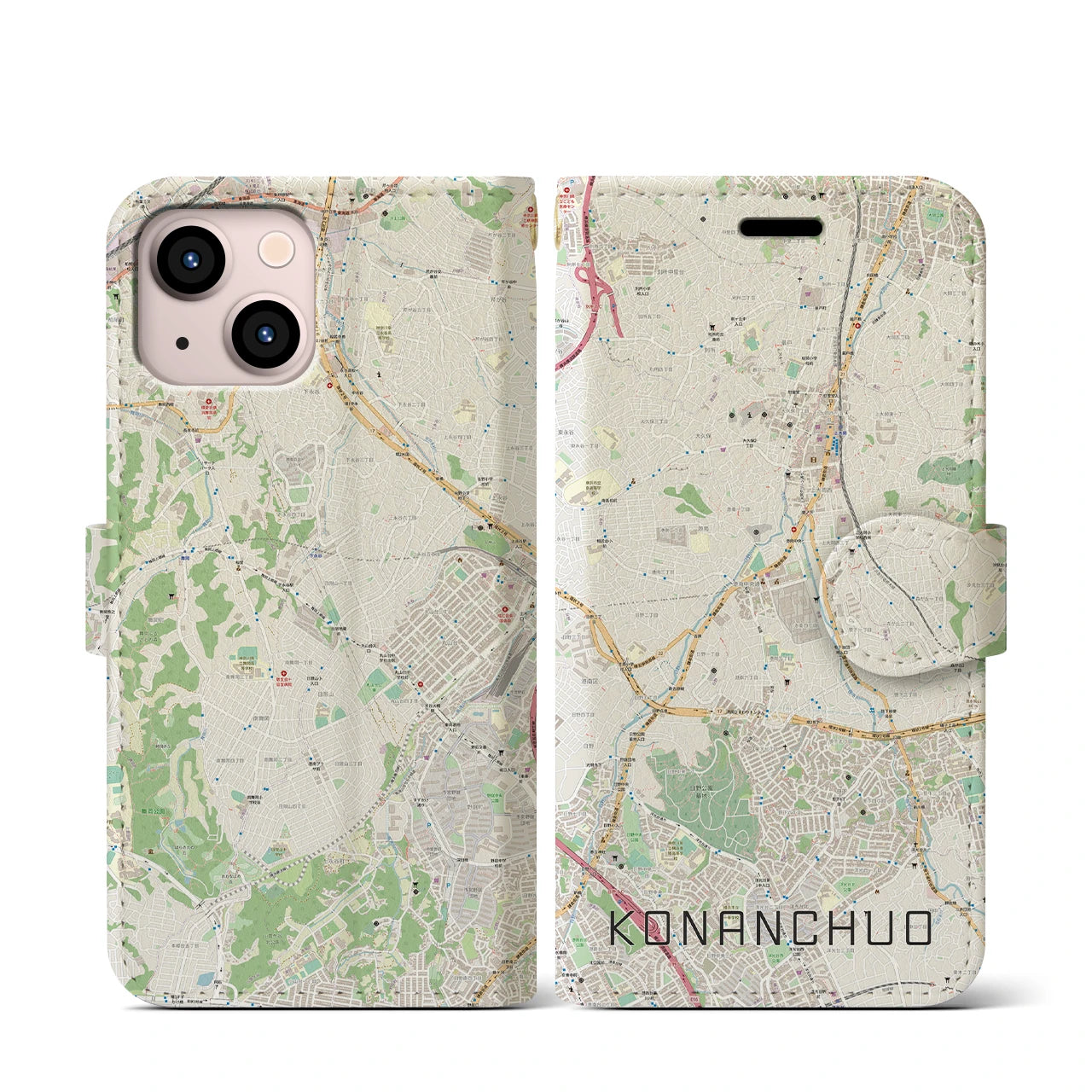 【港南中央(神奈川県)】地図柄iPhoneケース(手帳タイプ)ナチュラル・iPhone 13 mini 用