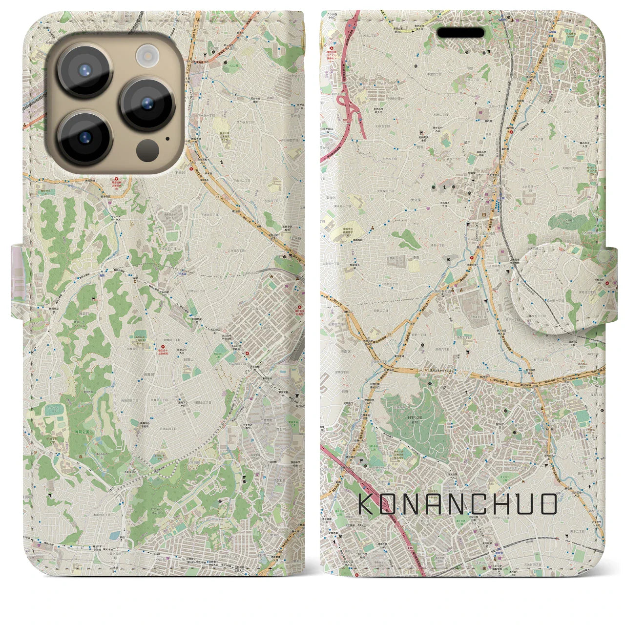 【港南中央(神奈川県)】地図柄iPhoneケース(手帳タイプ)ナチュラル・iPhone 14 Pro Max 用