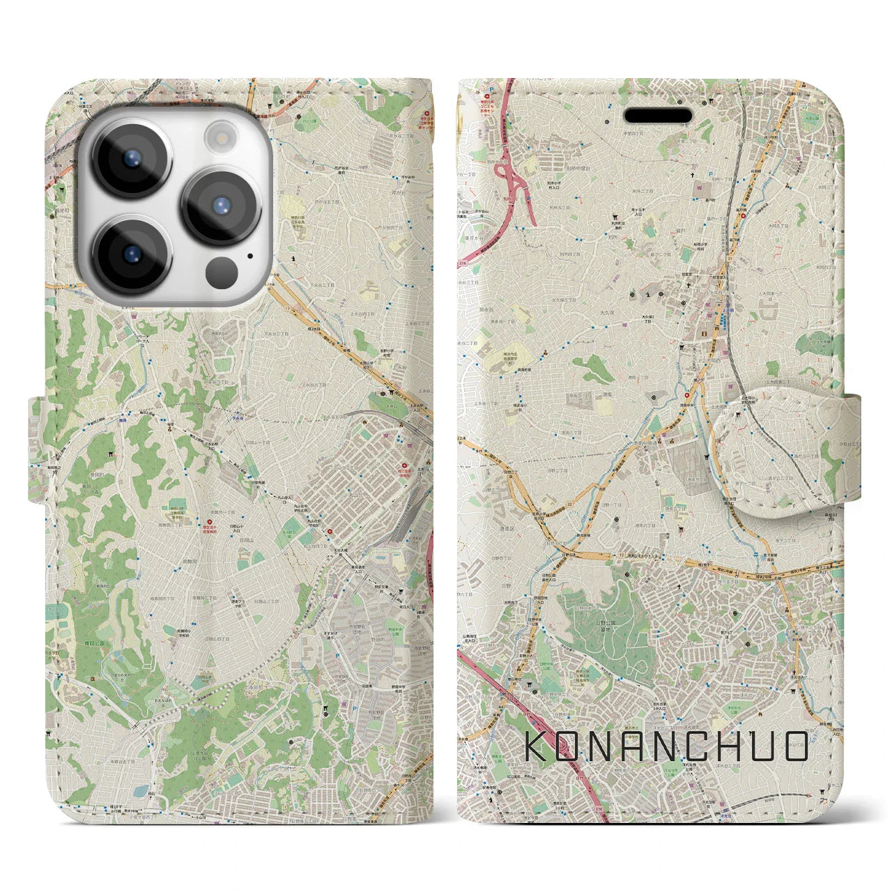 【港南中央(神奈川県)】地図柄iPhoneケース(手帳タイプ)ナチュラル・iPhone 14 Pro 用