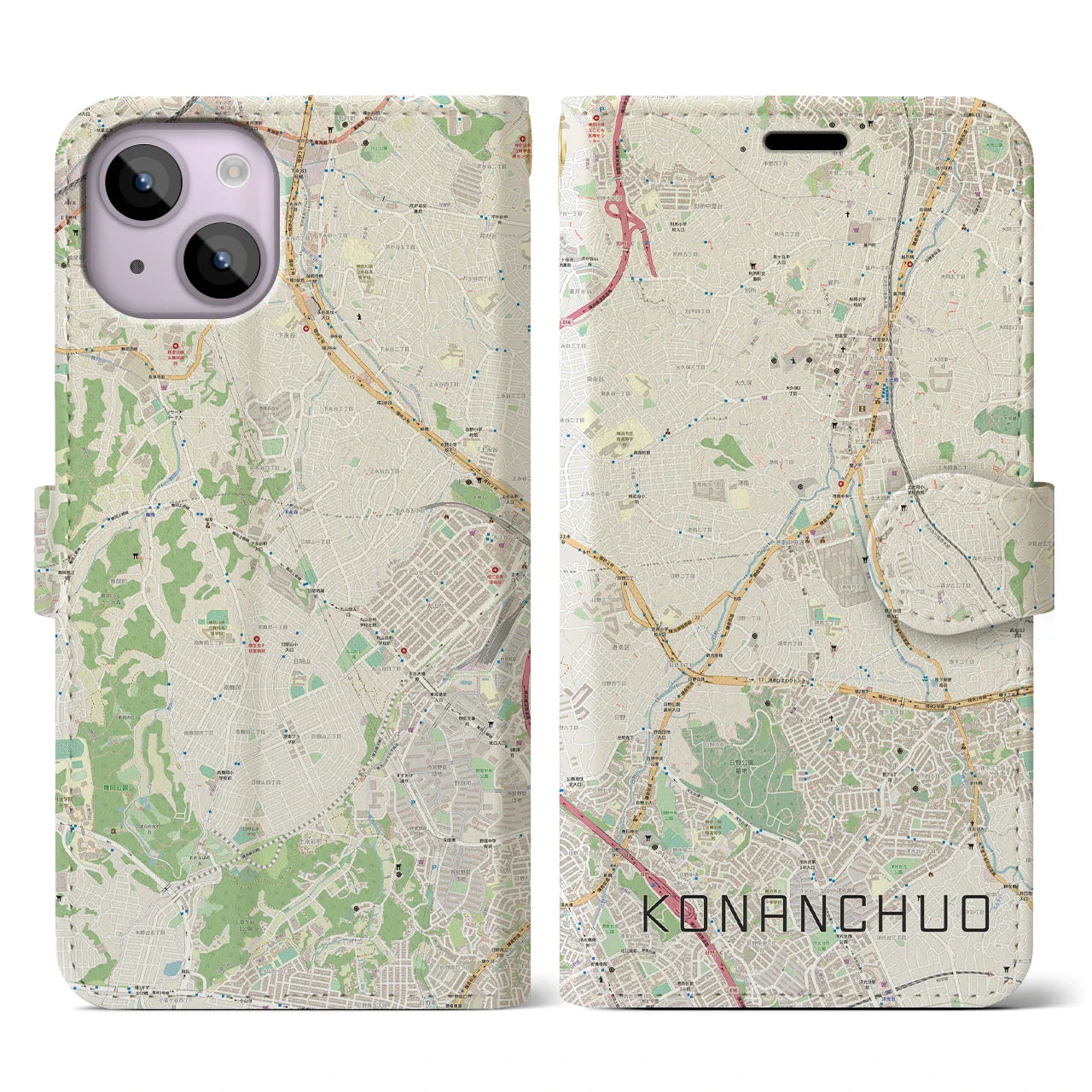 【港南中央(神奈川県)】地図柄iPhoneケース(手帳タイプ)ナチュラル・iPhone 14 用