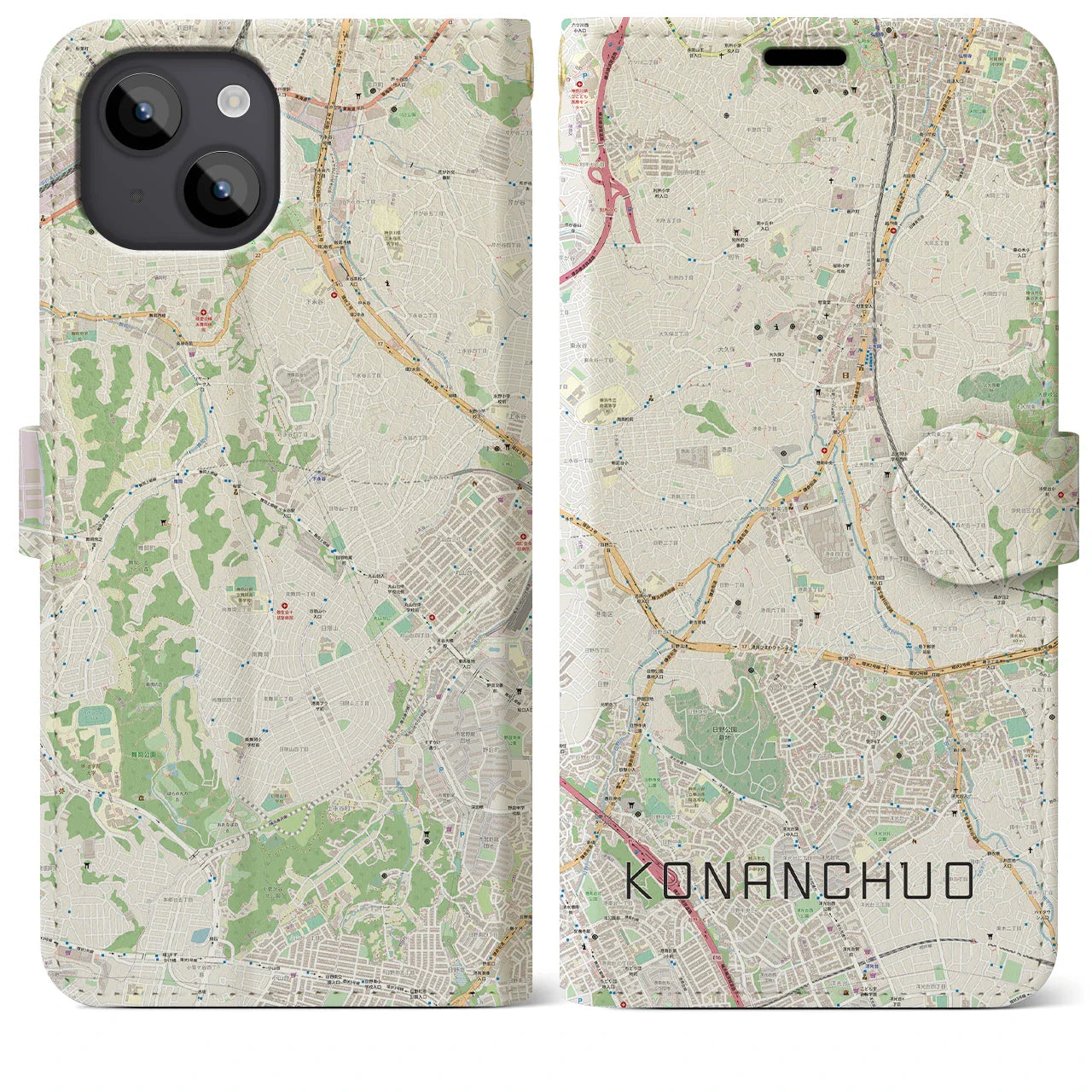 【港南中央(神奈川県)】地図柄iPhoneケース(手帳タイプ)ナチュラル・iPhone 14 Plus 用