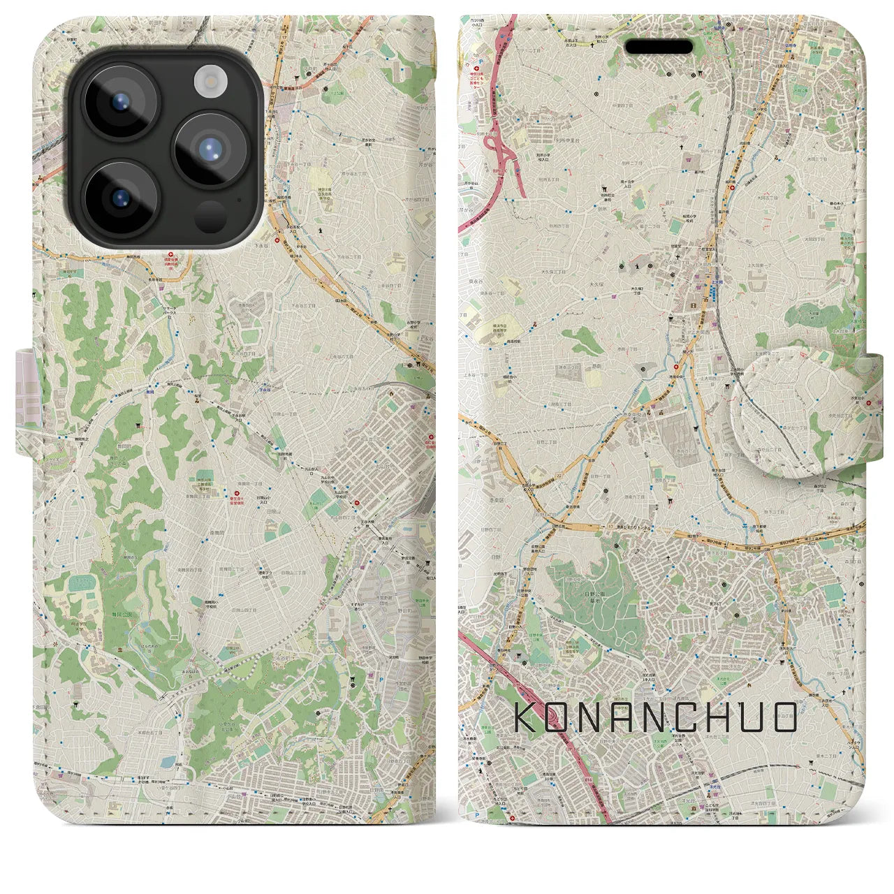 【港南中央(神奈川県)】地図柄iPhoneケース(手帳タイプ)ナチュラル・iPhone 15 Pro Max 用