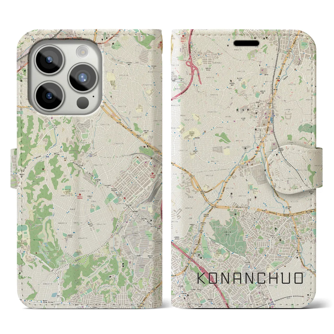 【港南中央(神奈川県)】地図柄iPhoneケース(手帳タイプ)ナチュラル・iPhone 15 Pro 用