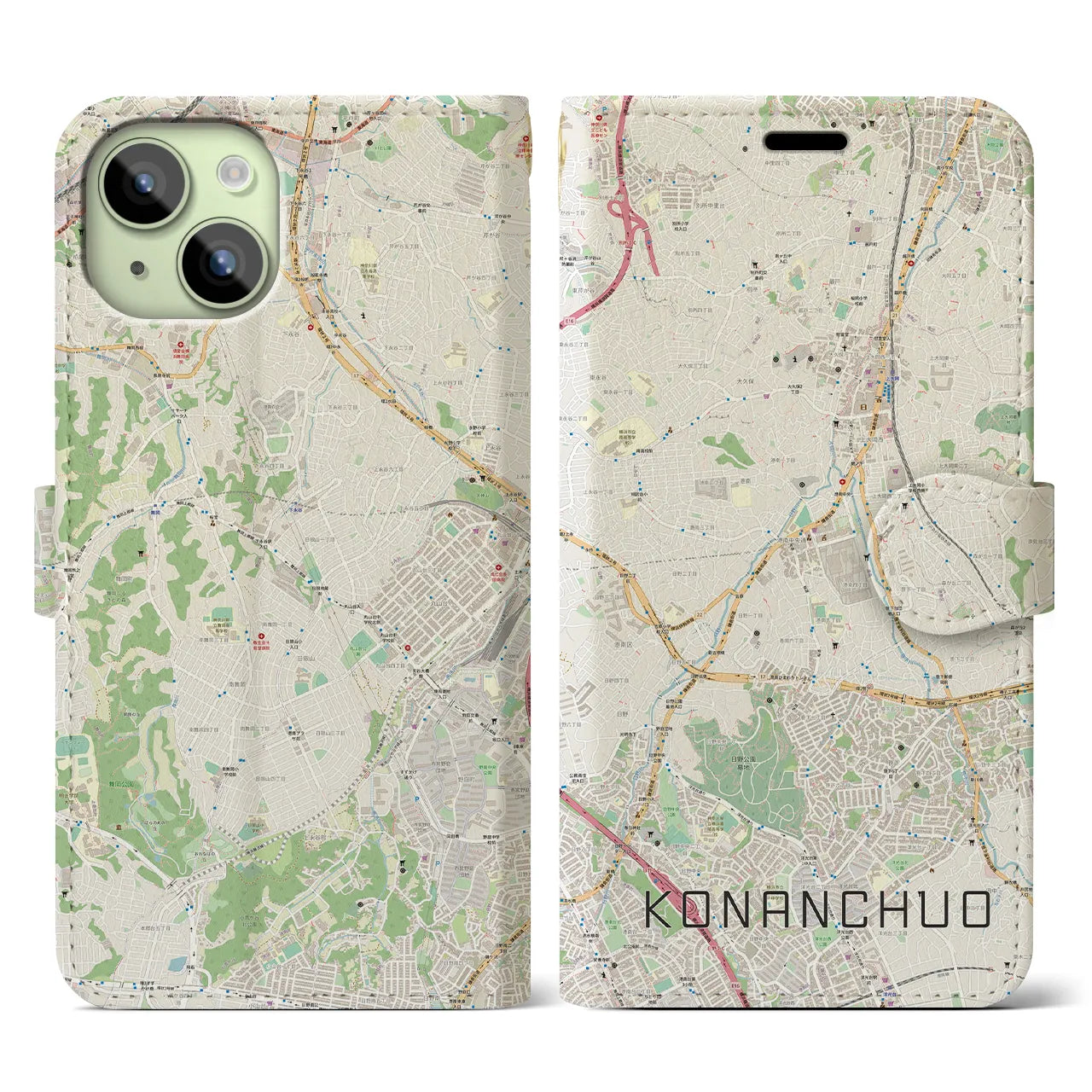 【港南中央(神奈川県)】地図柄iPhoneケース(手帳タイプ)ナチュラル・iPhone 15 用