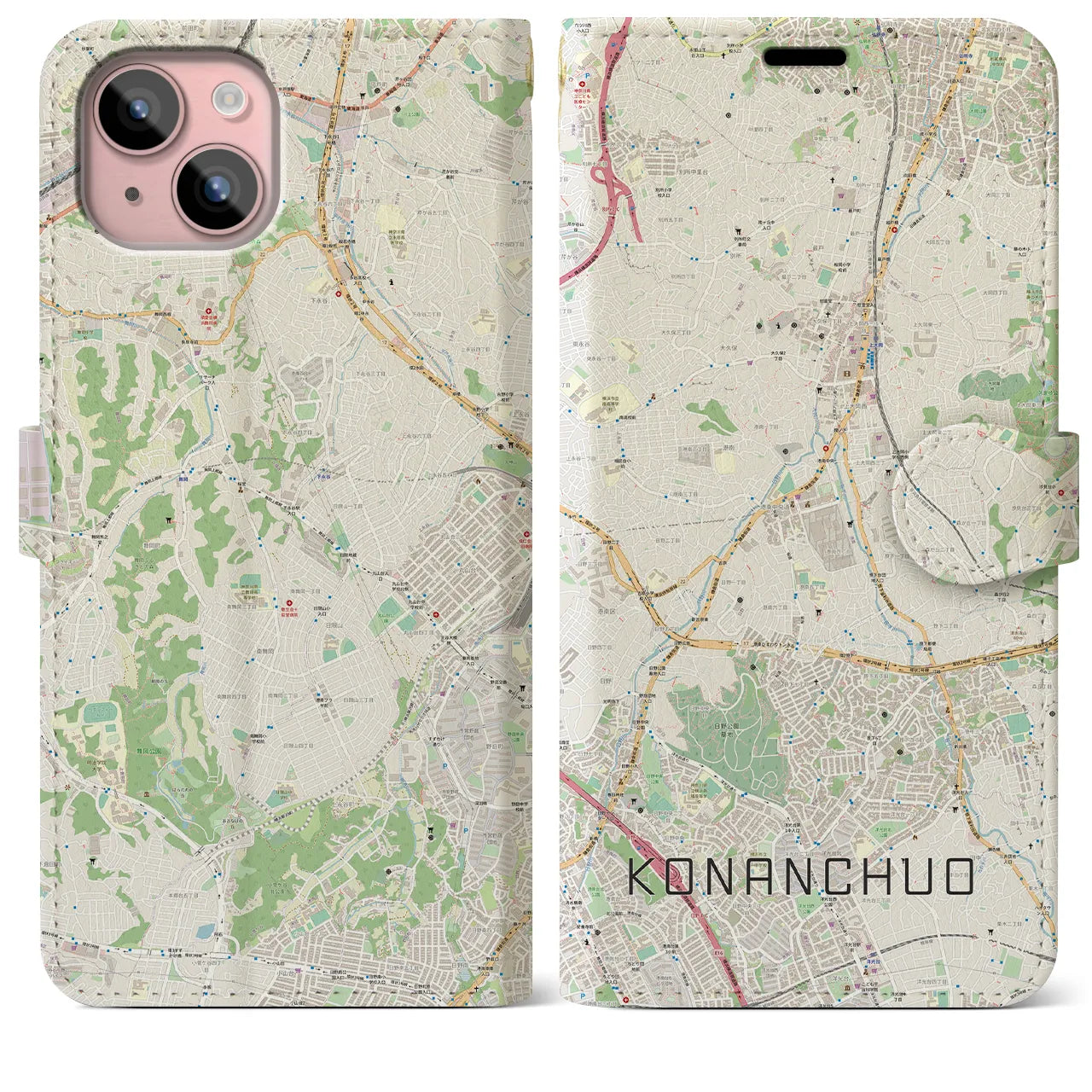 【港南中央(神奈川県)】地図柄iPhoneケース(手帳タイプ)ナチュラル・iPhone 15 Plus 用